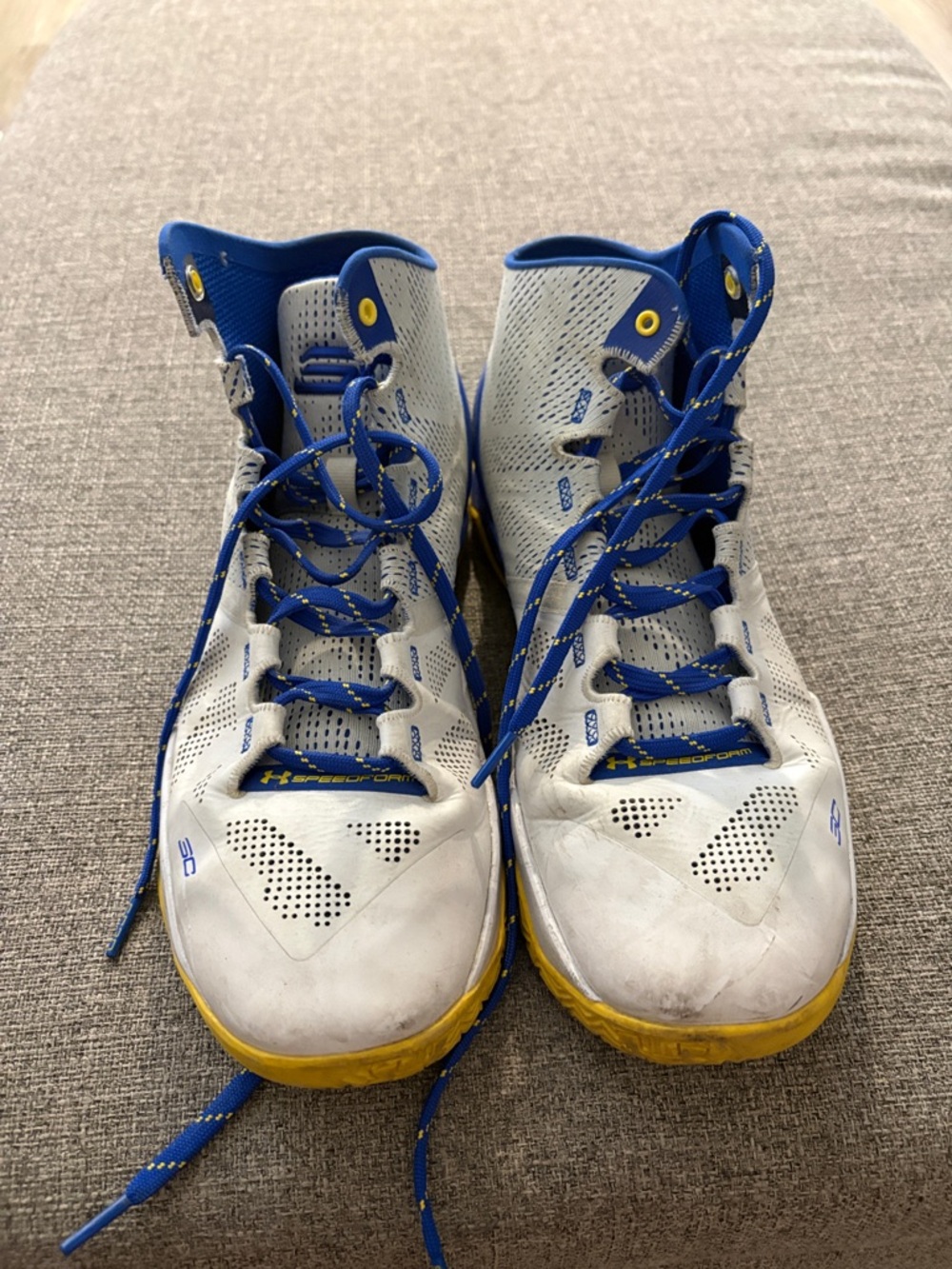 Under Armour White, Blue & Yellow High-Top Basketball Shoes